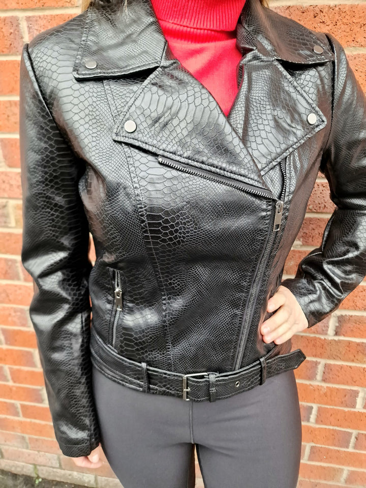 (4P.PACK) Black Biker Moc Croc Leather Look Jacket - jqwholesale.com