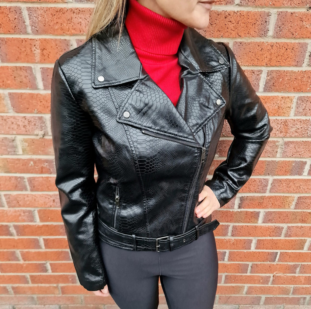(4P.PACK) Black Biker Moc Croc Leather Look Jacket - jqwholesale.com