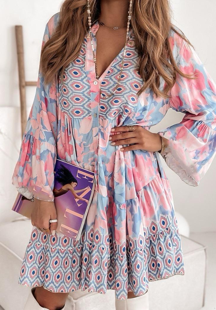 Pastel Pink and Blue Floral Print Smock Tunic Dress (2P.PACK-ONE SIZE) - jqwholesale.com