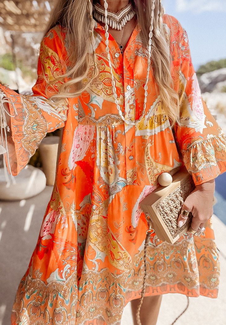 Orange Paisley Print Smock Tunic Dress (2P.PACK-ONE SIZE) - jqwholesale.com