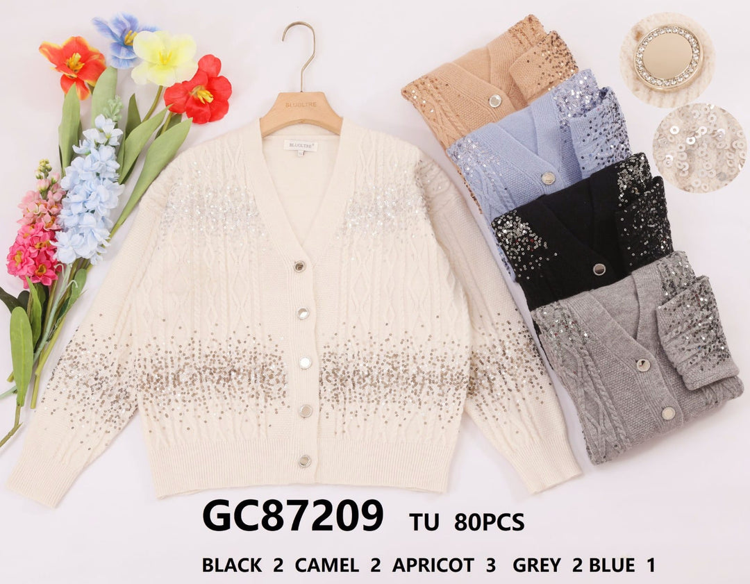 Cable Sequin Gold Button Cardigan - jqwholesale.com