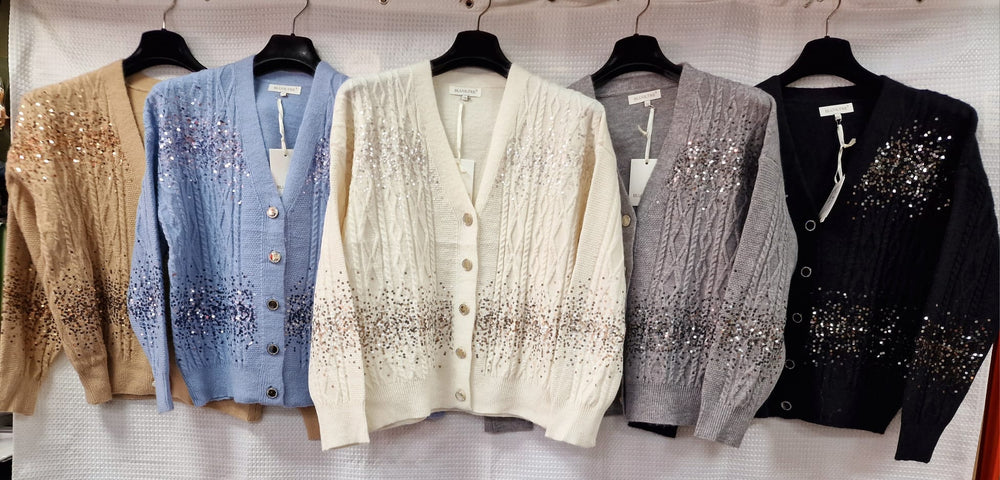 Cable Sequin Gold Button Cardigan - jqwholesale.com