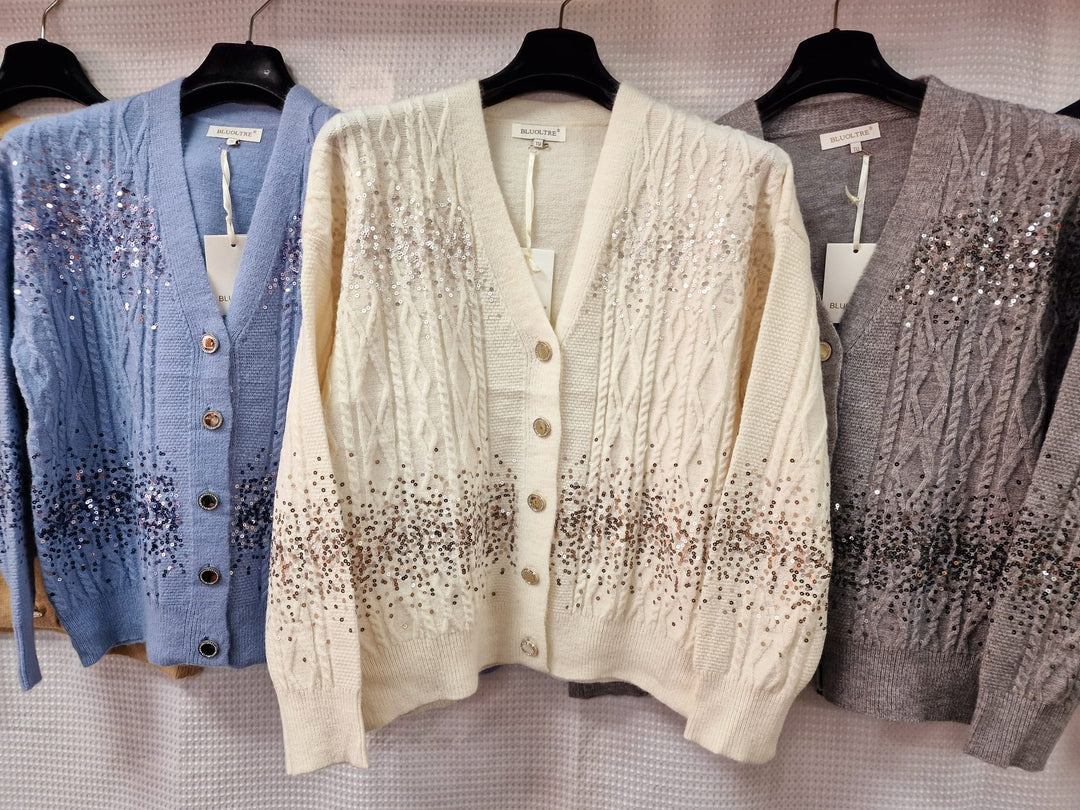 Cable Sequin Gold Button Cardigan - jqwholesale.com