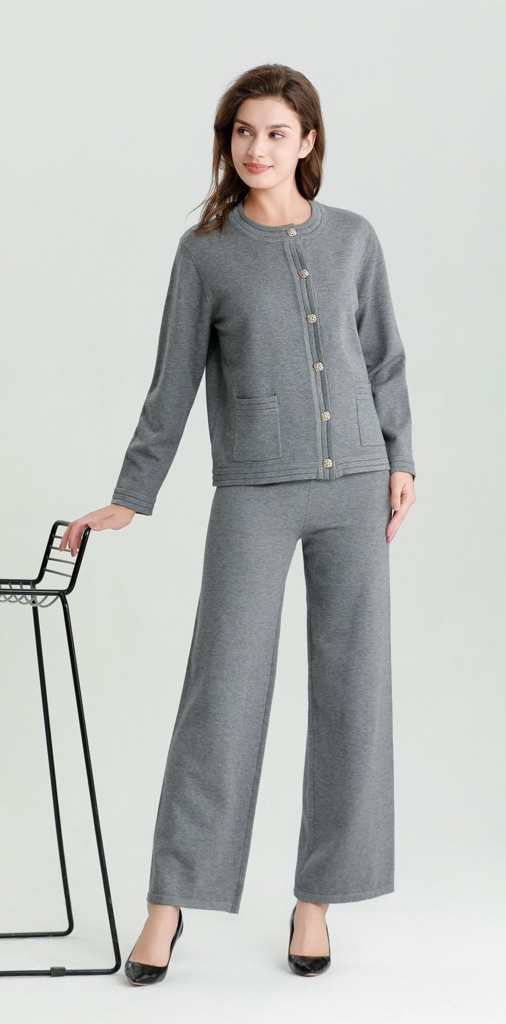 Gold Button Plain Two Piece Classic Coord Loungewear Set (2P.PACK)