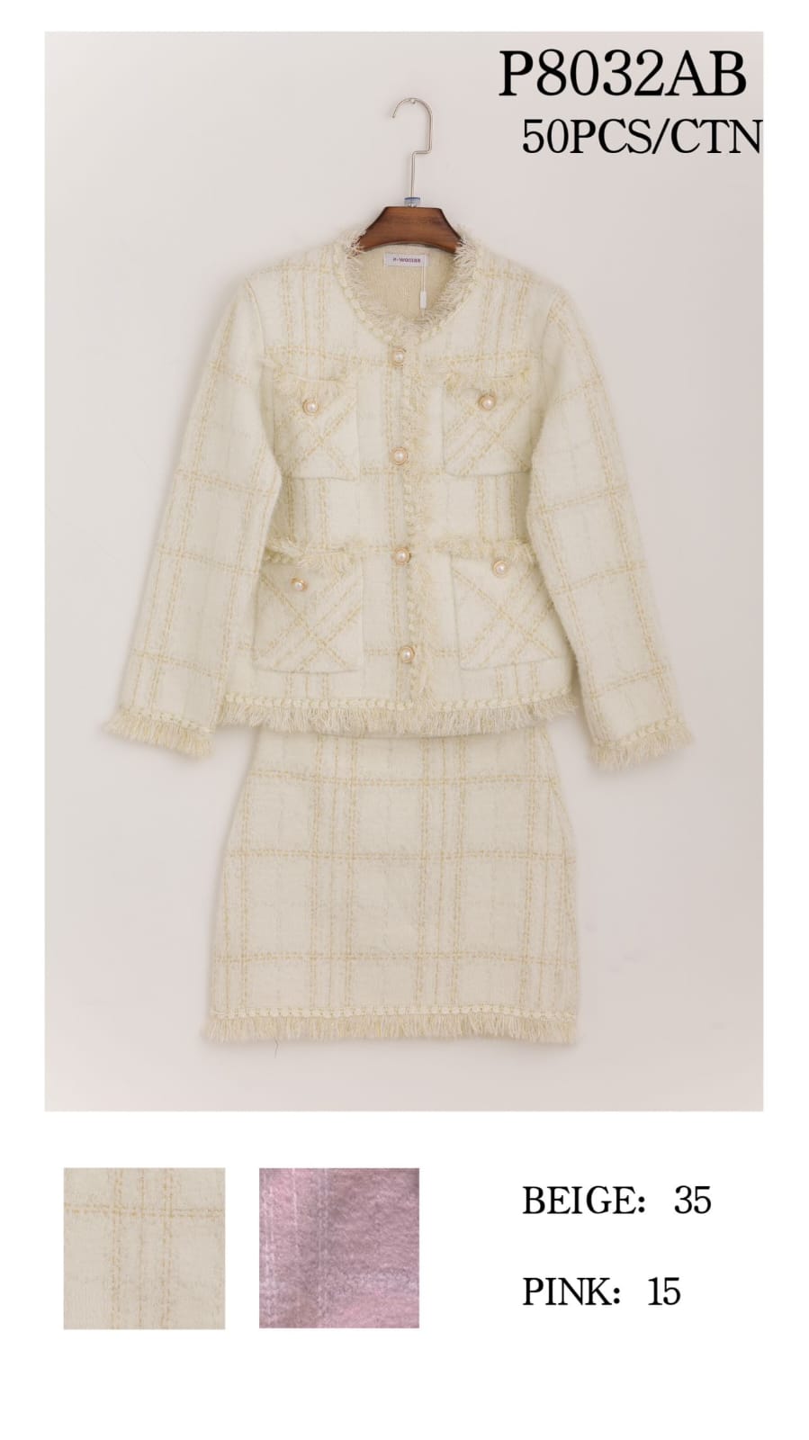 (2P.PACK) Boucle Pearl Frayed Skirt Two Piece Co-ord Set - jqwholesale.com