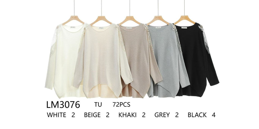 (2P.PACK) Diamante Pearl Shoulder Detail Knit - jqwholesale.com