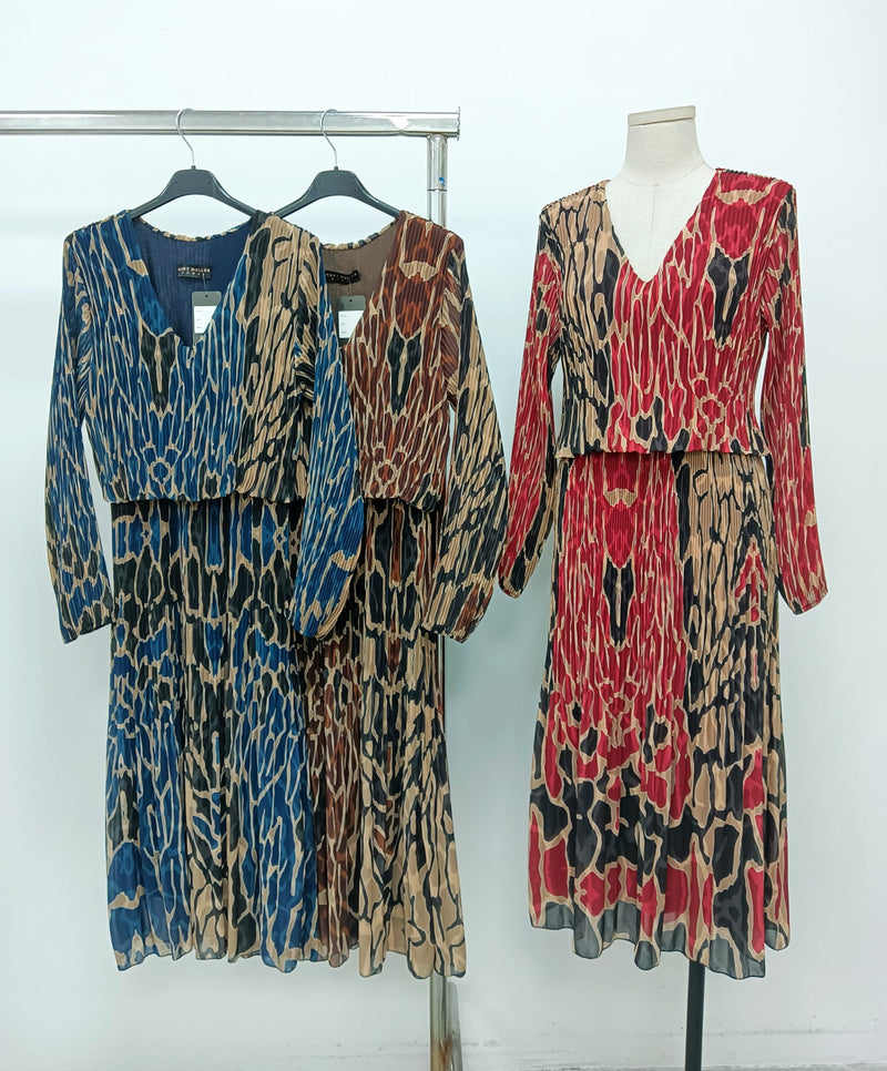Karina Abstract Animal Print Plissee Layered Midaxi Dress - jqwholesale.com