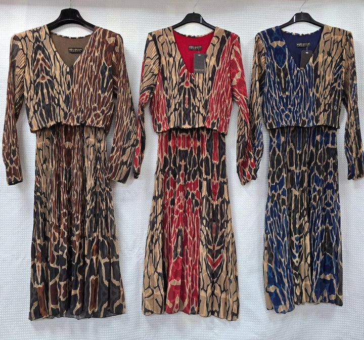 Karina Abstract Animal Print Plissee Layered Midaxi Dress - jqwholesale.com