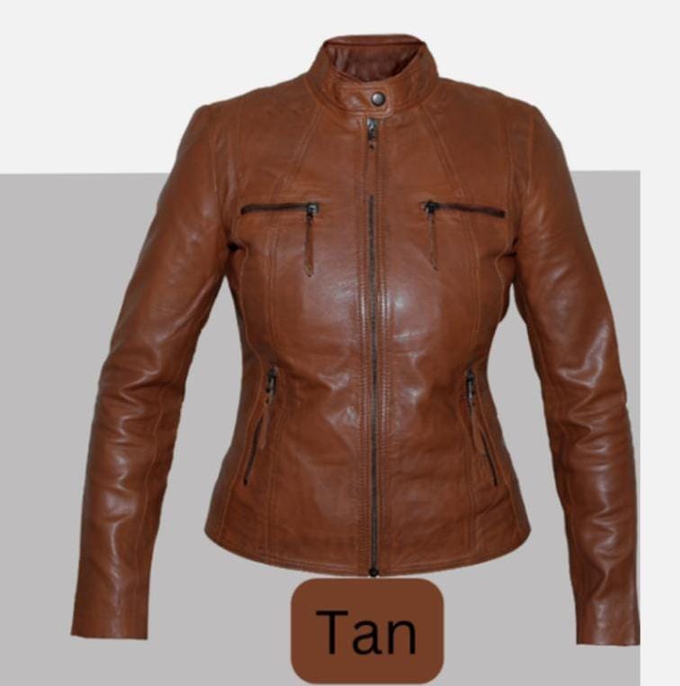 Tan Brown Real Leather Mandarin Collar Jacket - jqwholesale.com