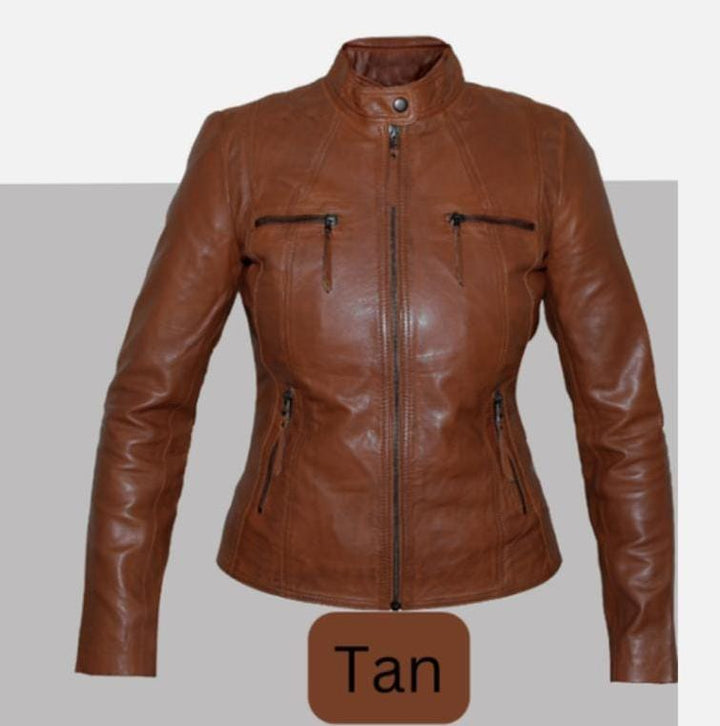 Tan Brown Real Leather Mandarin Collar Jacket - jqwholesale.com