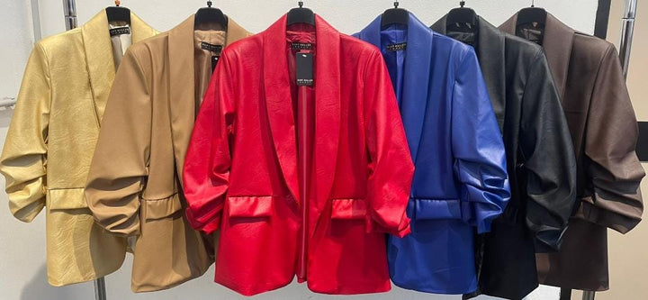 (5P. PACK) Vegan Leather Look Matte Ruched Sleeve Blazer - jqwholesale.com