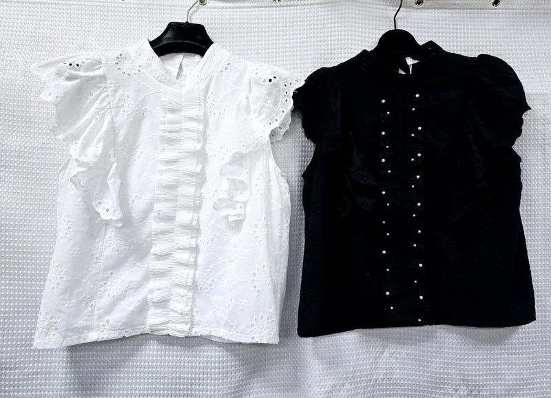 (3P.PACK) Pearl Trim Anglais Lace Blouse - jqwholesale.com