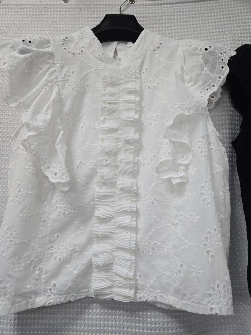 (3P.PACK) Pearl Trim Anglais Lace Blouse - jqwholesale.com