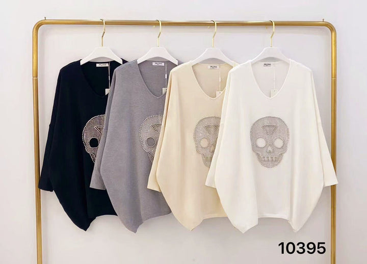 (2P. PACK) Diamante Stud Skull Wool Blend Fine Knit - jqwholesale.com