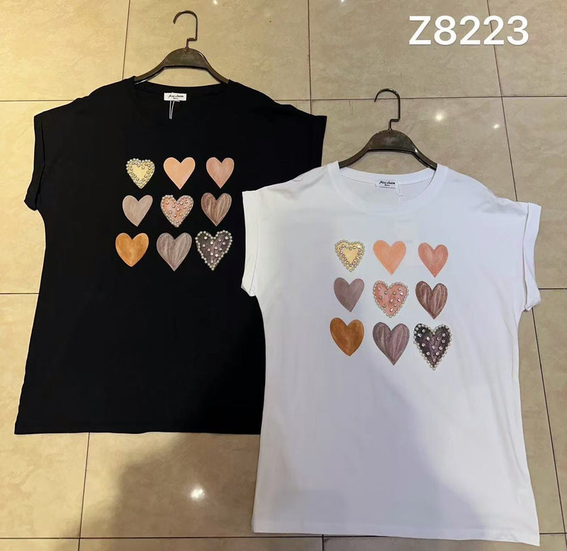 (2P.PACK) Pearl Crystal Multi Heart Cotton Top T-shirt - jqwholesale.com