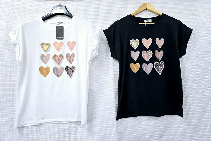 (2P.PACK) Pearl Crystal Multi Heart Cotton Top T-shirt - jqwholesale.com