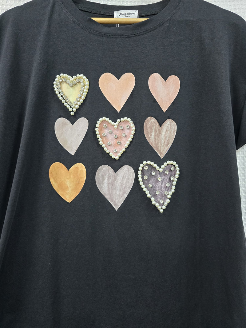(2P.PACK) Pearl Crystal Multi Heart Cotton Top T-shirt - jqwholesale.com