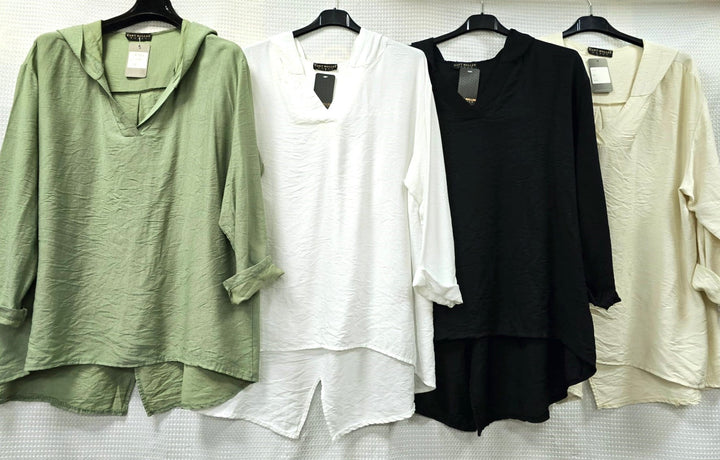 V Hooded Linen Look Tunic - jqwholesale.com