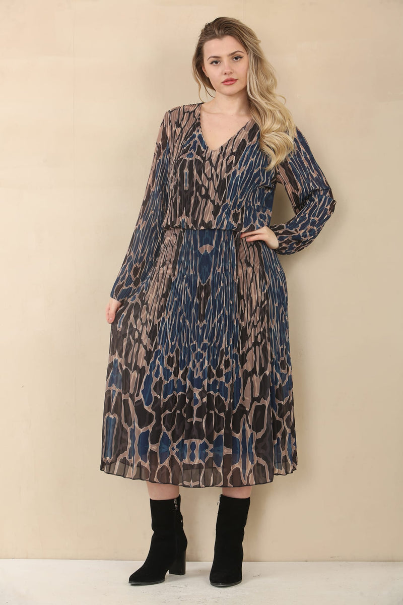 Karina Abstract Animal Print Plissee Layered Midaxi Dress - jqwholesale.com