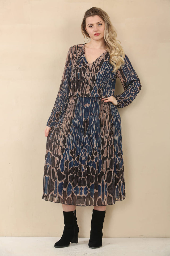 Karina Abstract Animal Print Plissee Layered Midaxi Dress - jqwholesale.com