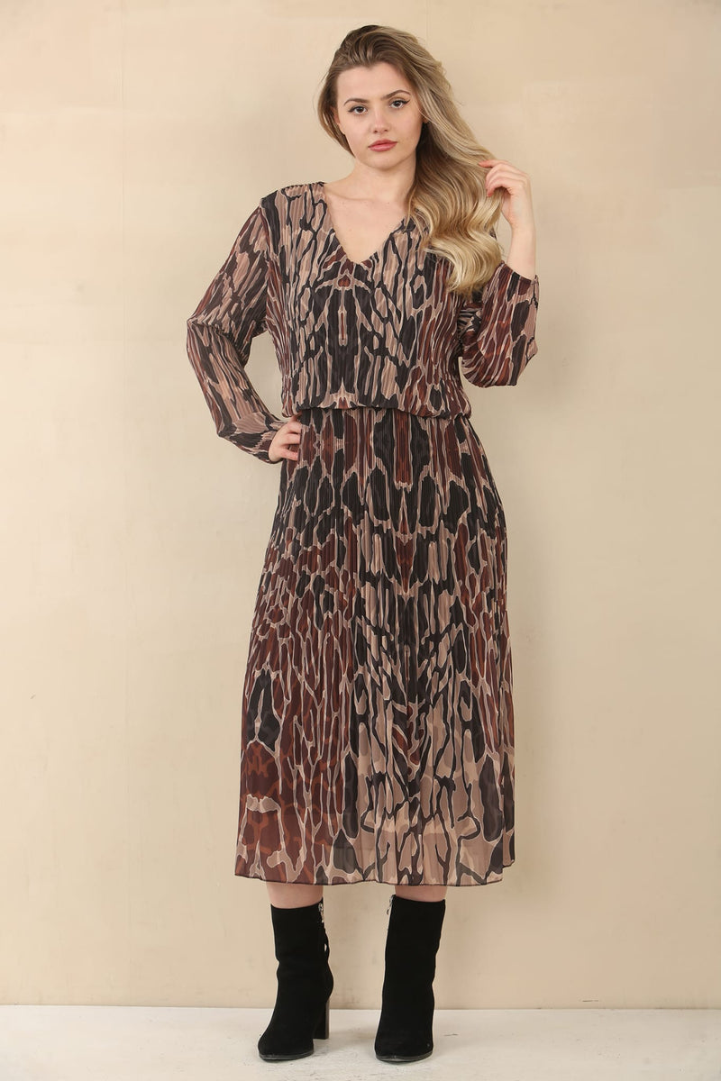 Karina Abstract Animal Print Plissee Layered Midaxi Dress - jqwholesale.com