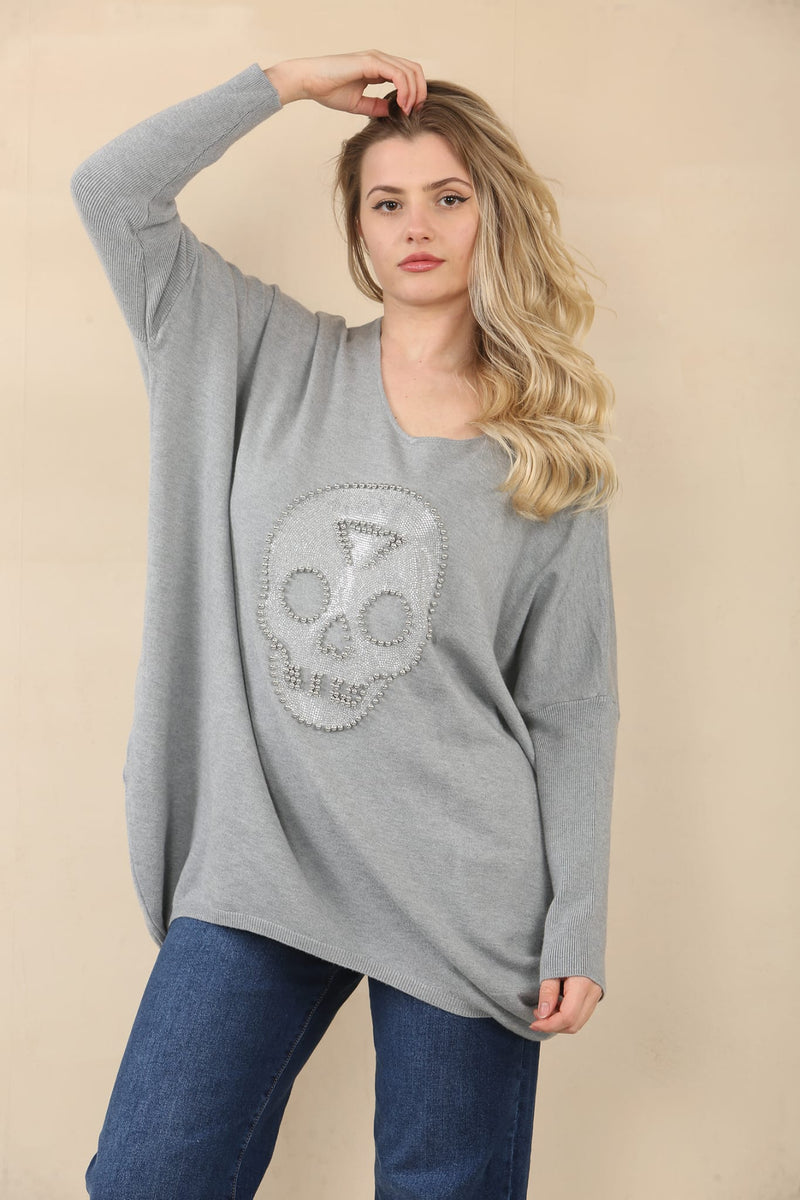 (2P. PACK) Diamante Stud Skull Wool Blend Fine Knit - jqwholesale.com