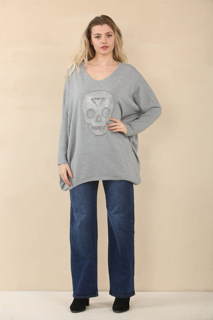(2P. PACK) Diamante Stud Skull Wool Blend Fine Knit - jqwholesale.com