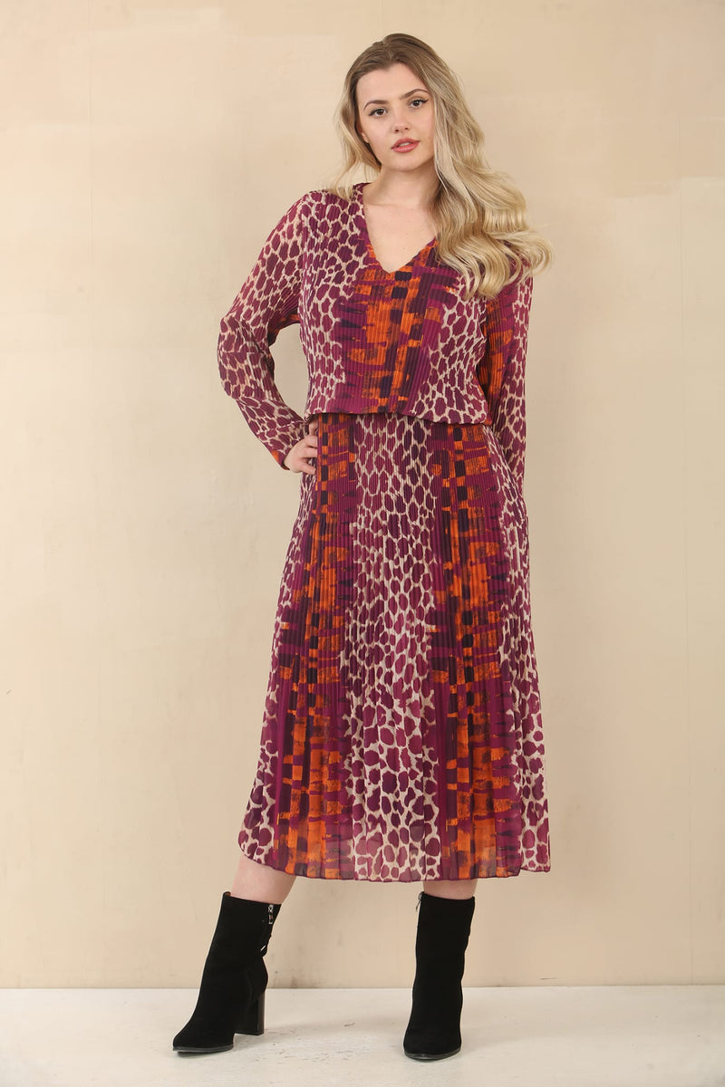 Leopard Abstract V Neck Plissee Layered Maxi Dress - jqwholesale.com