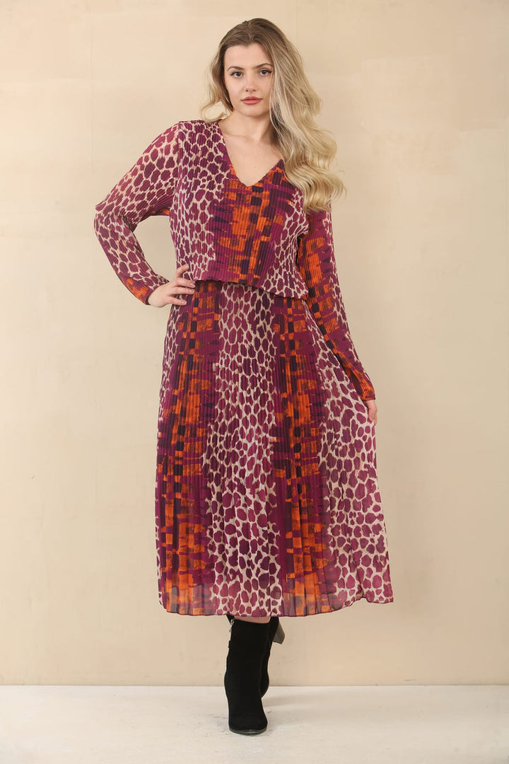 Leopard Abstract V Neck Plissee Layered Maxi Dress - jqwholesale.com