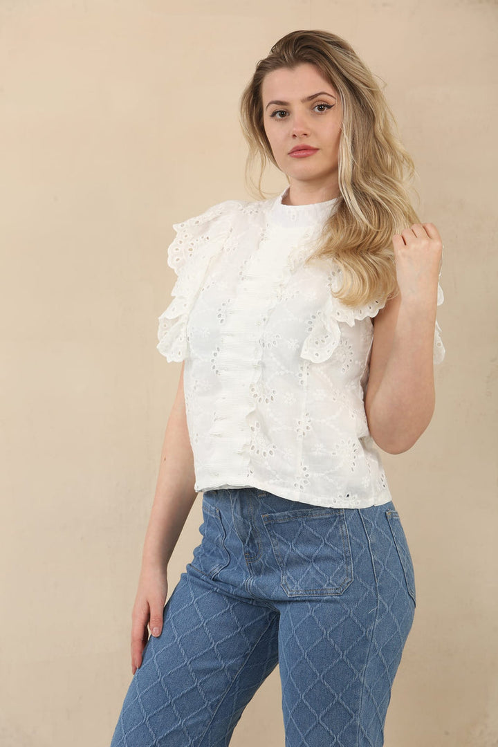 (3P.PACK) Pearl Trim Anglais Lace Blouse - jqwholesale.com
