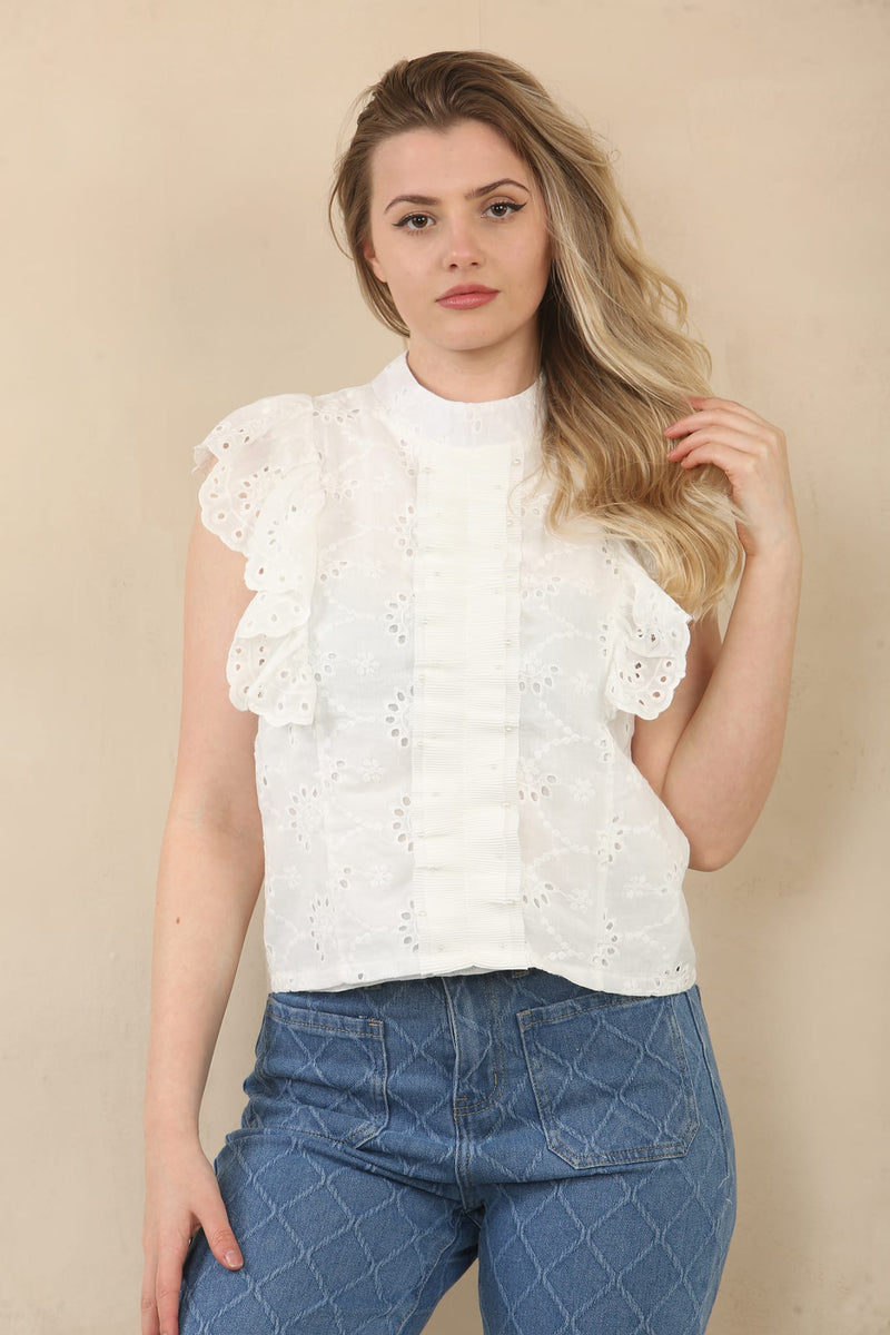 (3P.PACK) Pearl Trim Anglais Lace Blouse - jqwholesale.com
