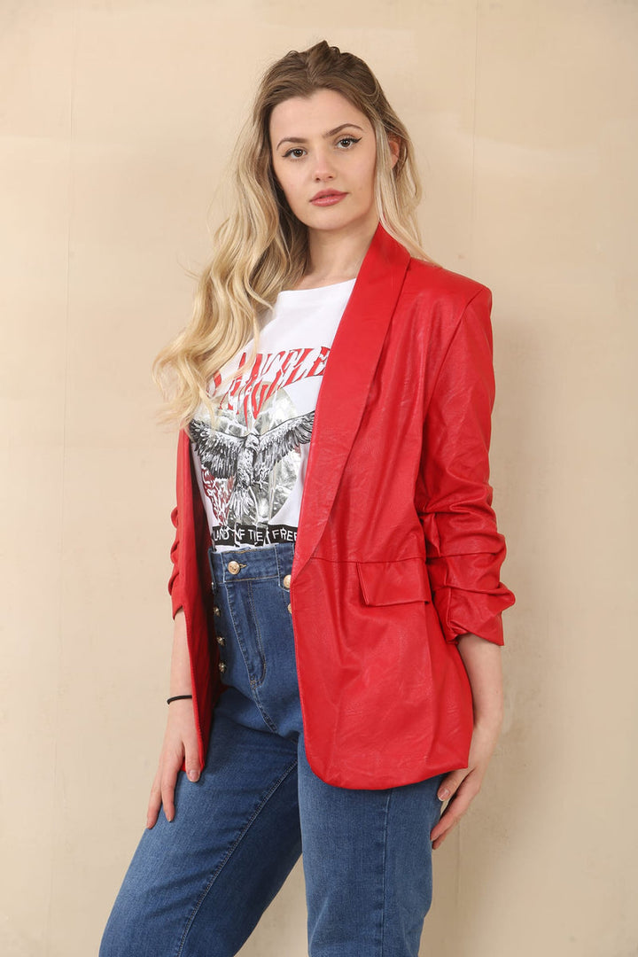 (5P. PACK) Vegan Leather Look Matte Ruched Sleeve Blazer - jqwholesale.com