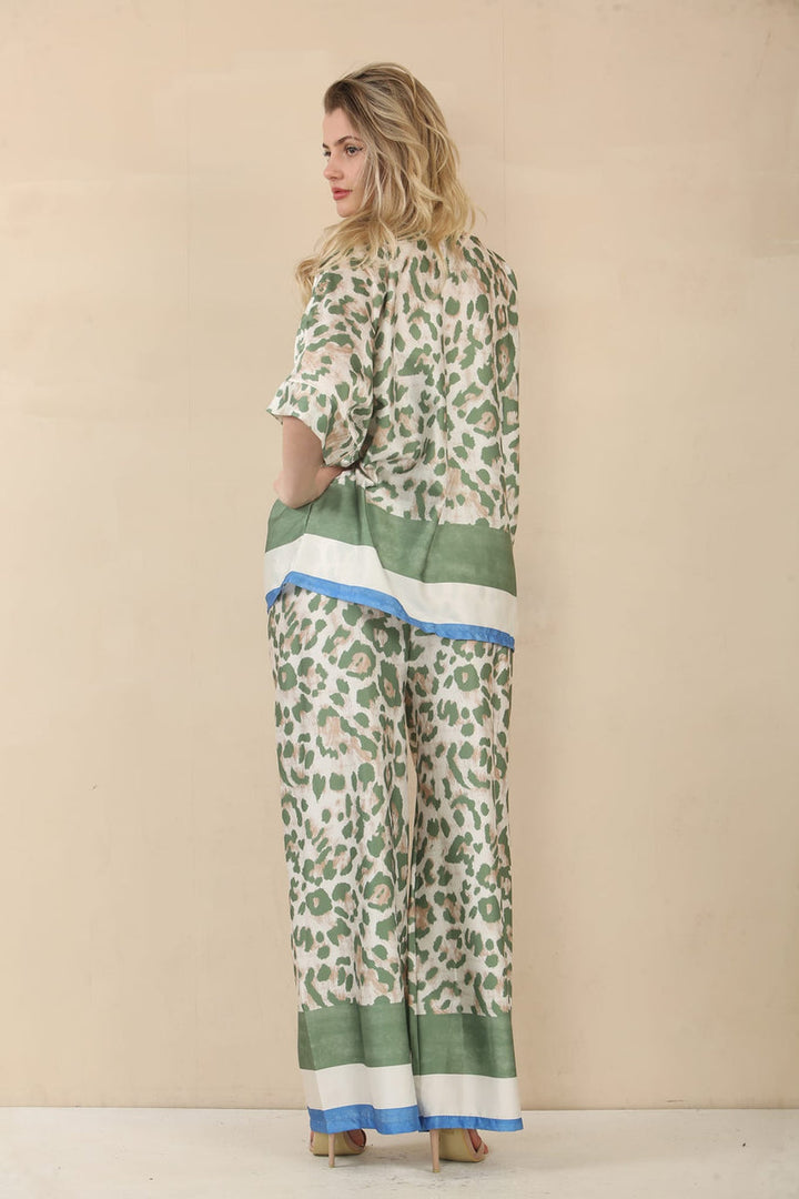 Silky Leopard Contrast Stripe Digital Print Two Piece Set - jqwholesale.com