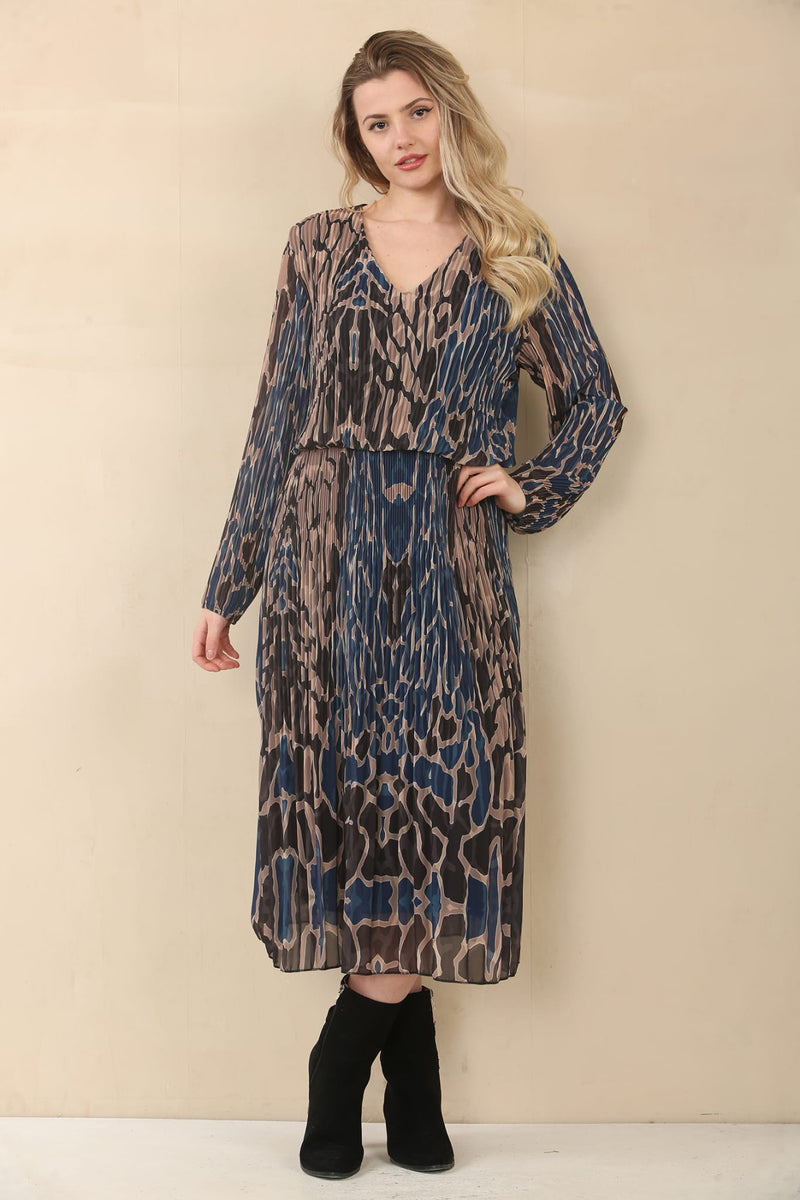 Karina Abstract Animal Print Plissee Layered Midaxi Dress - jqwholesale.com