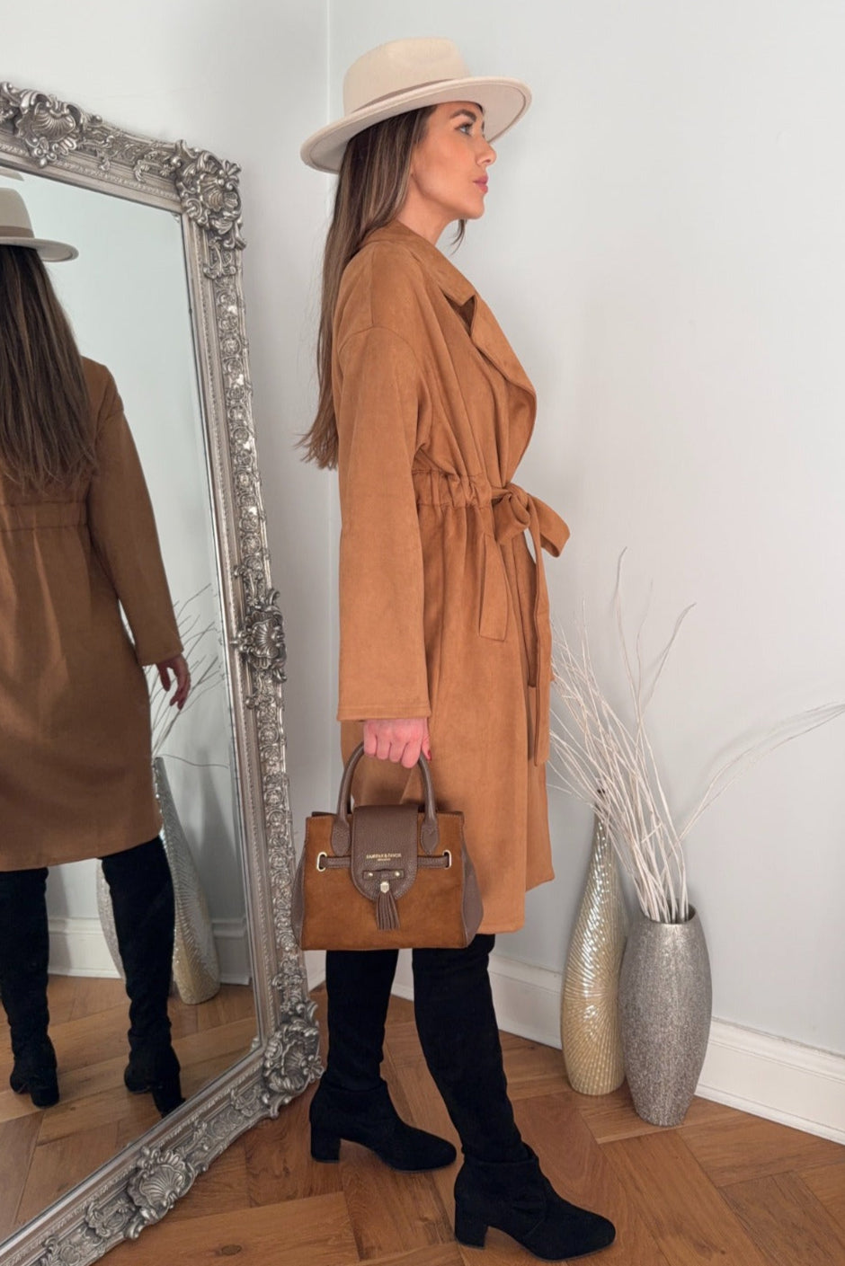 Suede Wrap Trench Coat in Camel - jqwholesale.com
