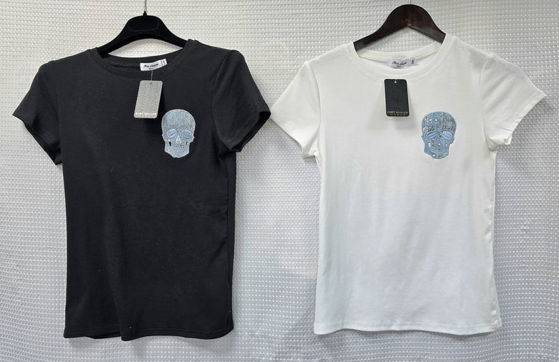 (2P. PACK) BLUE SEQUIN SKULL COTTON T-SHIRT - jqwholesale.com