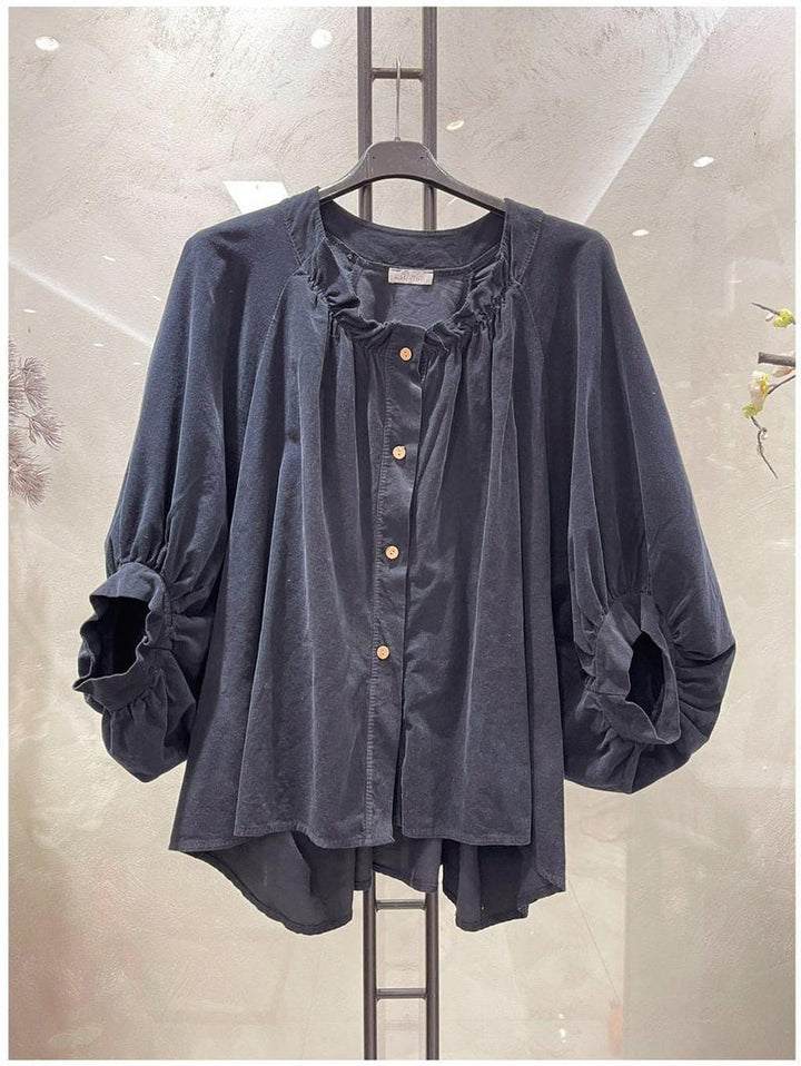 Cotton Ribbed Button Blouse - jqwholesale.com