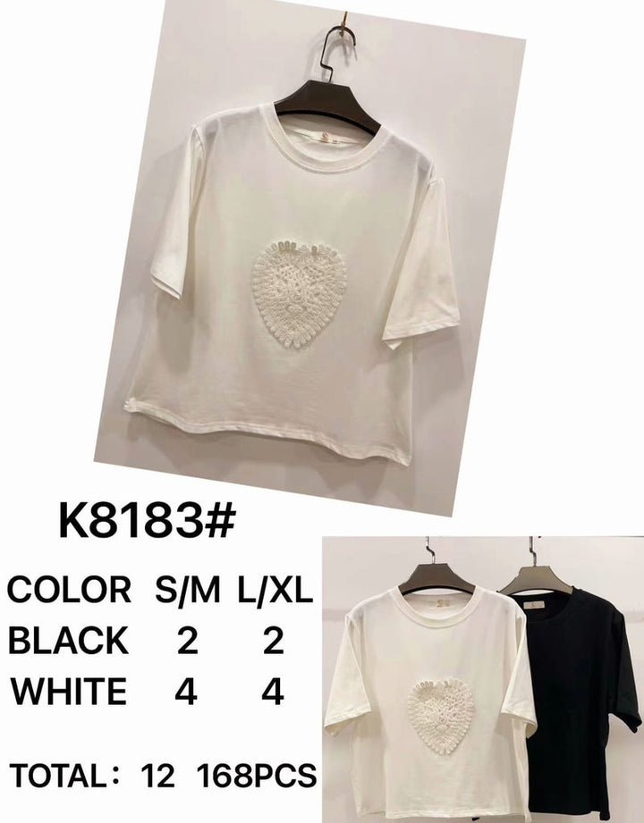 (2P.PACK) Crochet Heart Detail Cotton T-Shirt - jqwholesale.com