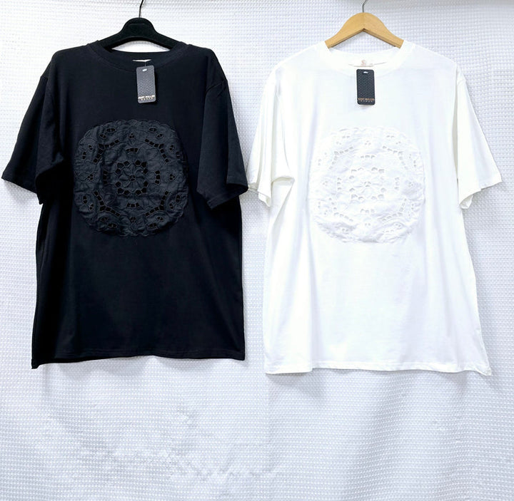 (2P.PACK) Embroidery Lace Circle Cotton T-Shirt Tunic - jqwholesale.com