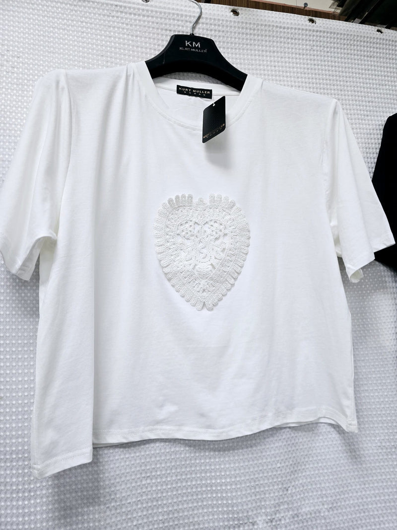 (2P.PACK) Crochet Heart Detail Cotton T-Shirt - jqwholesale.com