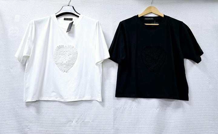 (2P.PACK) Crochet Heart Detail Cotton T-Shirt - jqwholesale.com