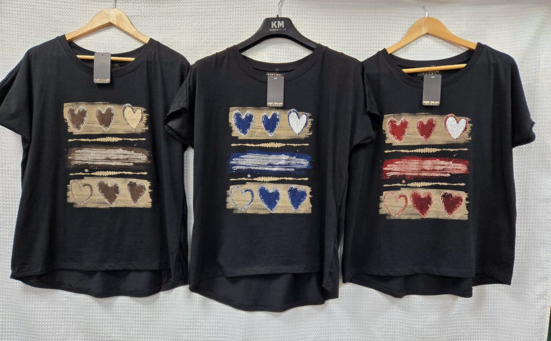 Triple Heart Stripe Metallic High Low Cotton T-shirt - jqwholesale.com