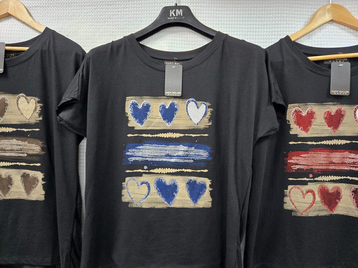 Triple Heart Stripe Metallic High Low Cotton T-shirt - jqwholesale.com