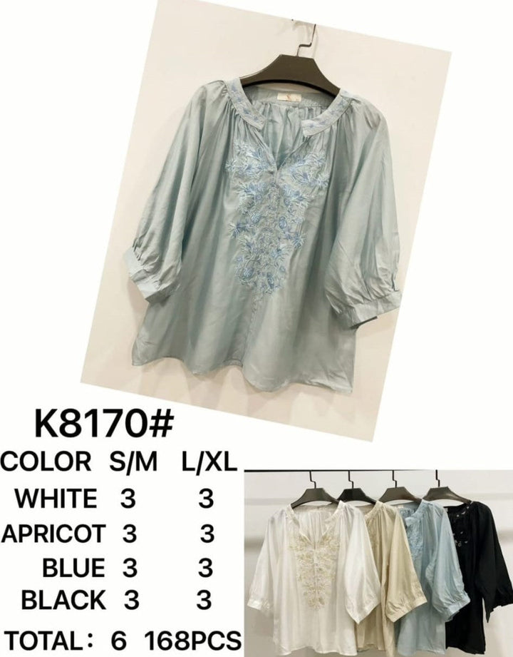 Silky Full Embroidery V Mandarin Blouse (2p.pack) - jqwholesale.com
