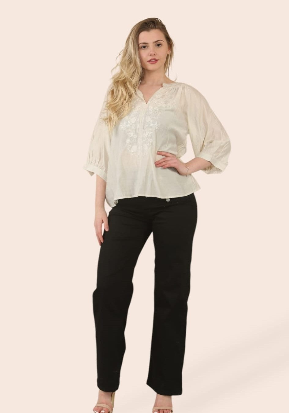 Silky Full Embroidery V Mandarin Blouse (2p.pack) - jqwholesale.com