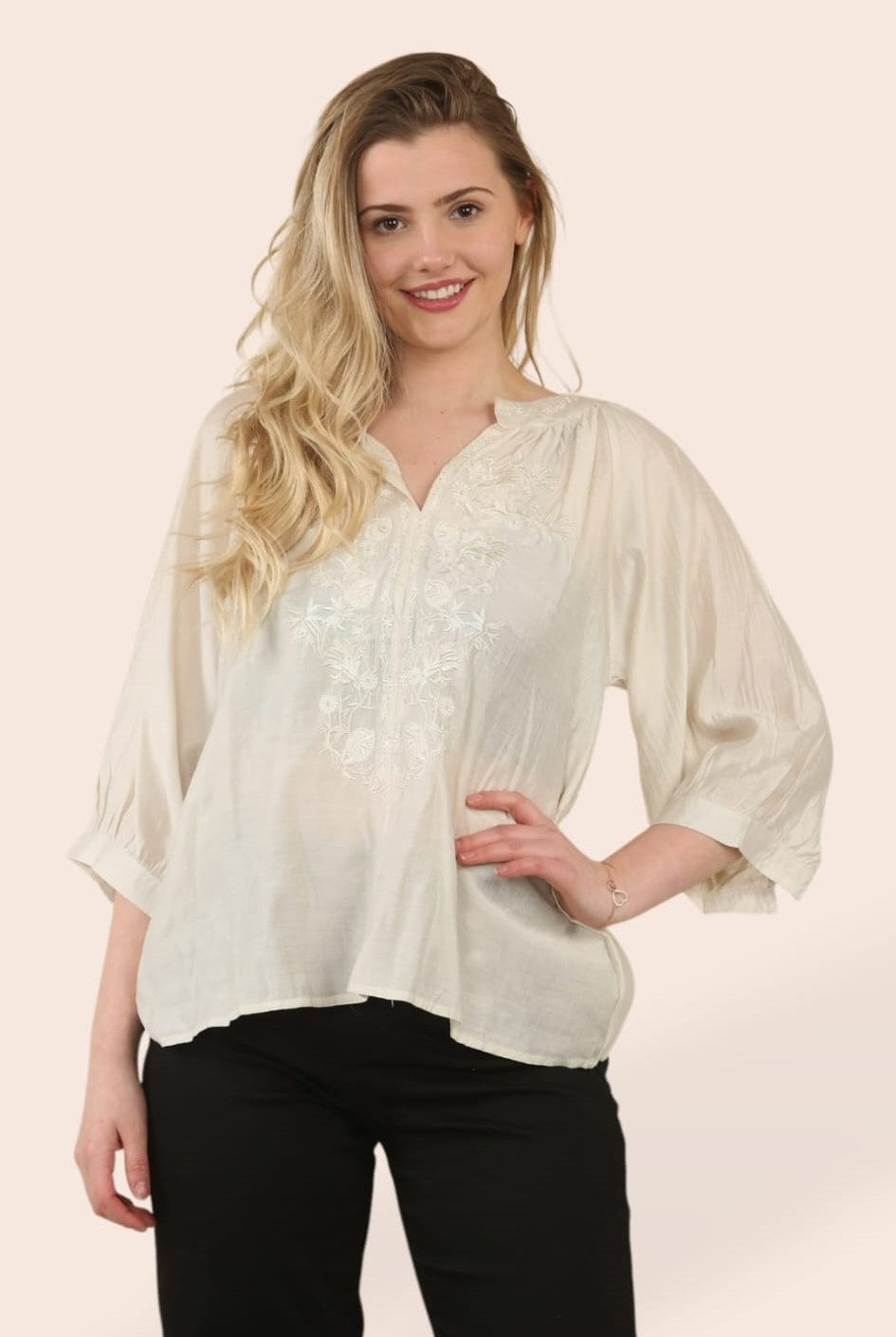 Silky Full Embroidery V Mandarin Blouse (2p.pack) - jqwholesale.com