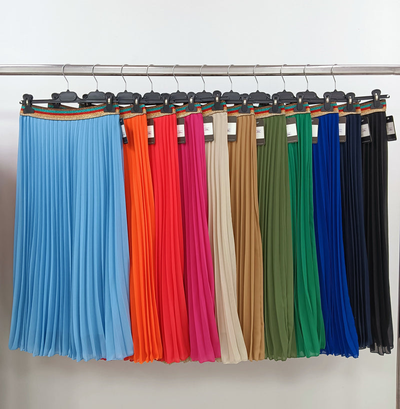Pleated Midi Skirt with Rainbow Elasticated Waistband - jqwholesale.com