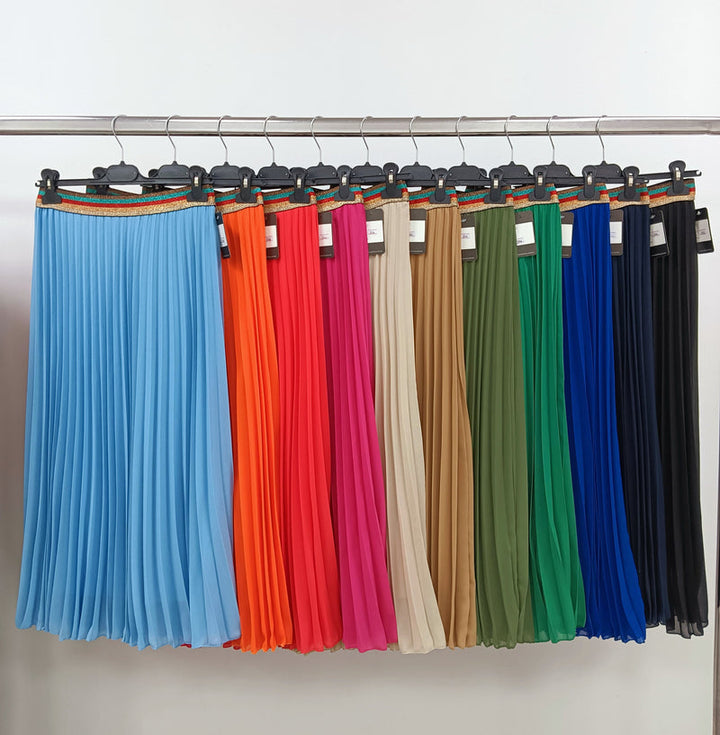 Pleated Midi Skirt with Rainbow Elasticated Waistband - jqwholesale.com