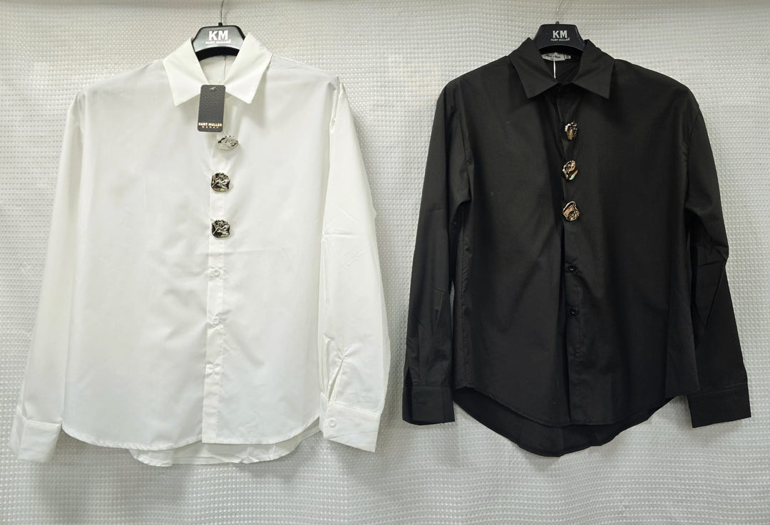 Textured Silver Button Curve Hem Cotton Shirt (2P.PACK) - jqwholesale.com
