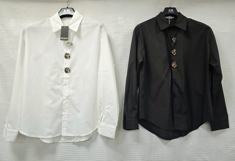 Textured Silver Button Curve Hem Cotton Shirt (2P.PACK) - jqwholesale.com